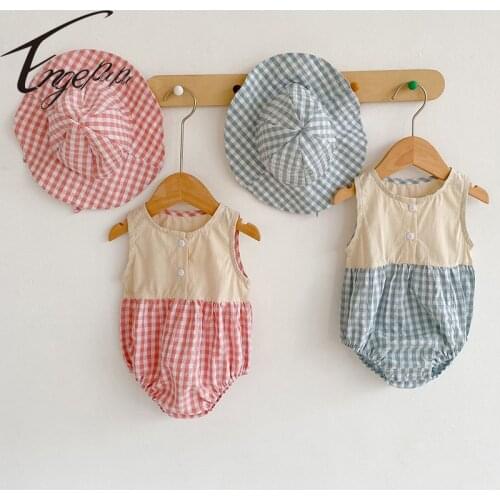 Engepapa Korean Style Summer Toddler Baby Boys Girl Cotton Sleeveless Lattice Splicing Romper+Hat Newborn Baby Girls Jumpsuit