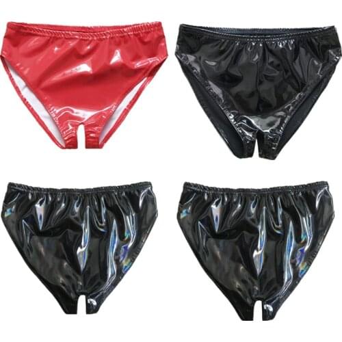 Women Porno Lingerie Open Crotch Leather Sissy Panties Wetlook G-String Briefs Sexy Bikini Underpants Latex Crotchless Underwear