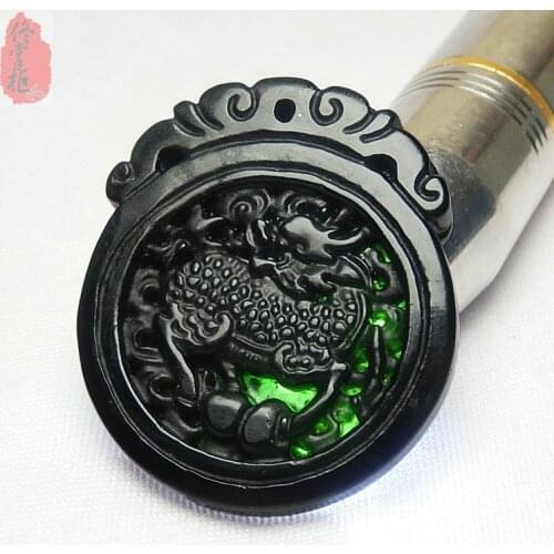 Chinese Black Green jade Kirin Jade Pendant Natural Obsidian Necklace Charm Jewellery Fashion luck Amulet Gifts Men Free rope