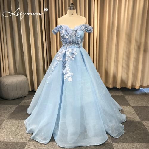 Leeymon Sky Blue Tulle off Shoulder Evening Dress Appliques Party Gown robe de soiree