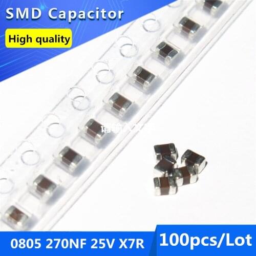 100pcs SMD Thick Film Chip Multilayer Ceramic Capacitor 0805 270NF 0.27UF 25V X7R 10