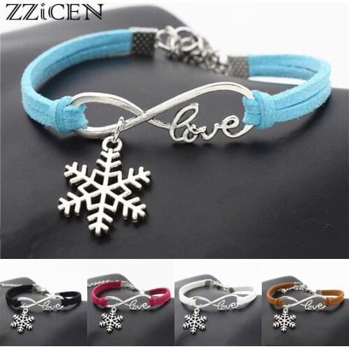 Fashion Handmade Vintage Antique Snowflake Charm Snow Flake Infinity Love Leather Bracelets for Women Girl Christmas Gift