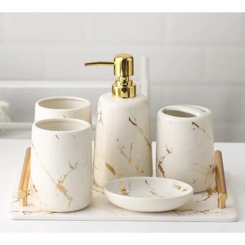 Milky Ceramic Toiletries Bathroom Accessories Set Marble Porcelain Toothbrush Holde Soap Dispenser Bathroom Tray Home Decoration
