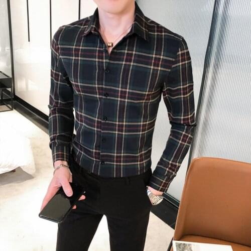 Mens Shirt Casual Slim Fit Autumn Plaid Long-sleeved Shirt Mens Shirt Spring Mens Single-breasted Shirt Asian Size M-3XL