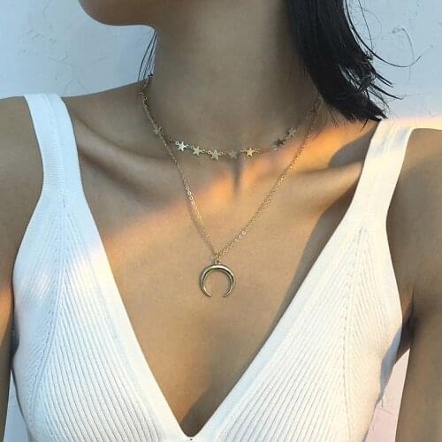 N8532 fashion ins cool wind Star Necklace womens personality creative crescent double new clavicle chain