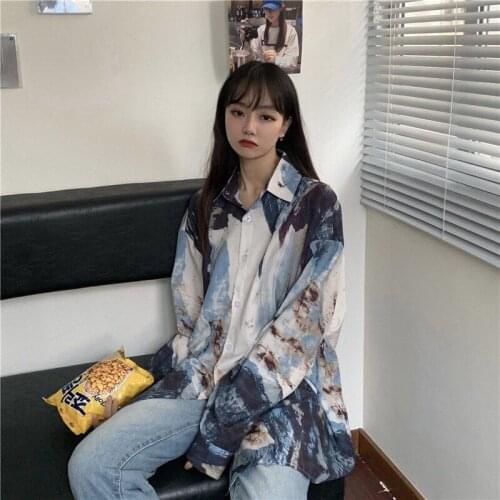 2021 new spring and autumn thin light mature temperament tie dye long sleeve blouse retro Chiffon Top