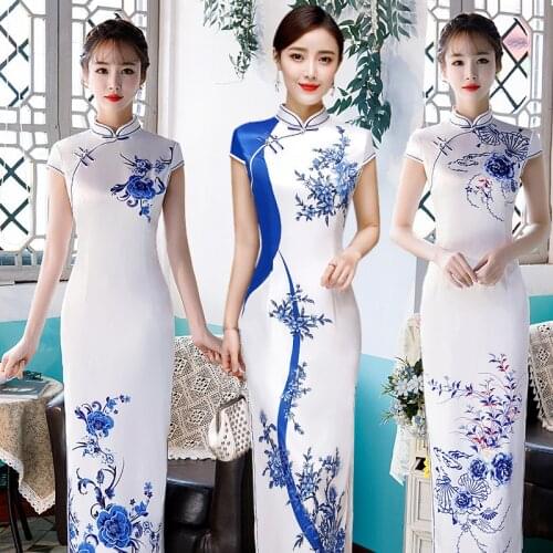 White Vintage Chinese Style Print Flower Qipao Long Handmade Button Cheongsam Dress Womens Mandarin Collar Traditional Dress