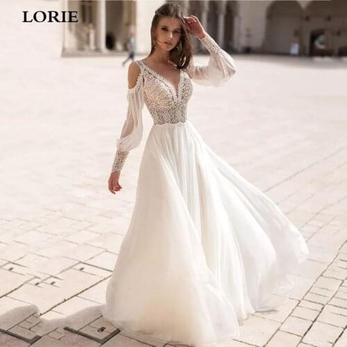 LORIE Beach Wedding Dress 2021 With Detachable Puff Sleeve Bride Dress Sexy V neck Lace Boho Wedding Gown Vestidos De Novia