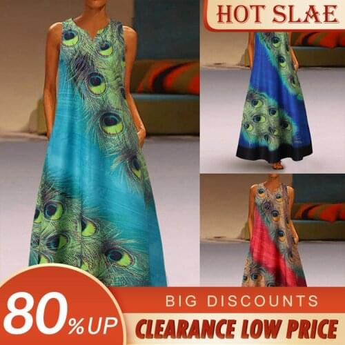 Plus Size Summer Women Dress Fashion Boho Elegant Sleeveless V Neck Print Long Dress Beach Party Ladies Maxi Dress Vestidos 2021