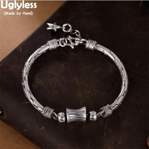 Uglyless Real 999 Pure Silver Charms Heart-shape Leaf Star Bracelets for Women Thai Silver Spinning Beads Bangle Retro Bracelets