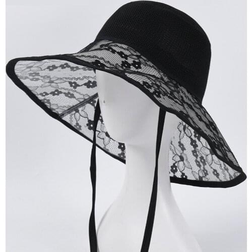 Summer Black White Sunshade Big Wide Brim Lace Flower Female Floppy Travel Packable UV Hat Lace Up Casual Bucket Caps