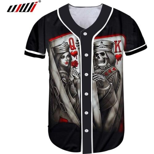UJWI Custom Baseball Jersey Print Skull Queen And King Poker 3D Button T-shirt Man Hip Hop Gyms Uniforms Shirts Casual Tshirt 5X