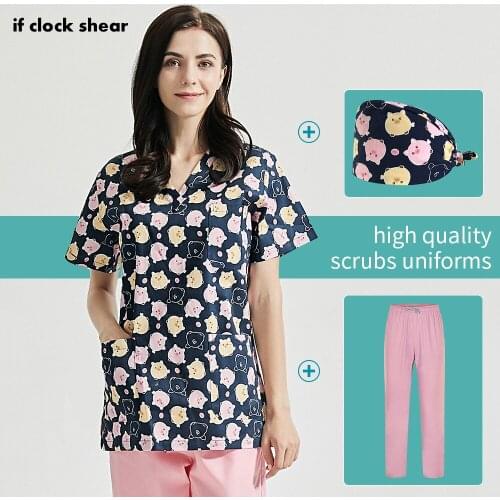 100%Cotton Tops Pet Grooming scrubs uniforms Lab dust-proof work Tops Unisex Cartoon Printing Work Tops Tooth Beauty Work Wear