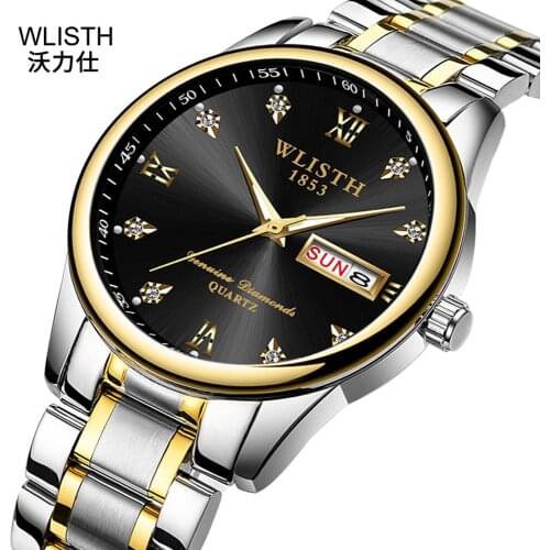WLISTH Watch Men Erkek Kol Saati Dual Calendar Day Date Quartz-watch Luxury Diamond Dial Luminous Pointer Two Tone Steel Watches