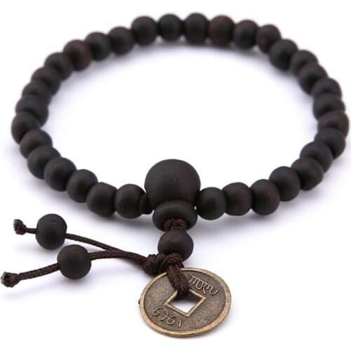 Jewelry Bracelet Natural Wood Copper Coin Buddhism Women Men Fashion Bangle Gifts Beads Religion Charms Decoration