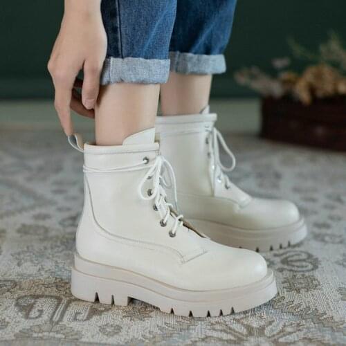 ZawsThia round toe cross-tied lace-up womans boots ankle martin boots white black platform boots for womens Motorcycle boots
