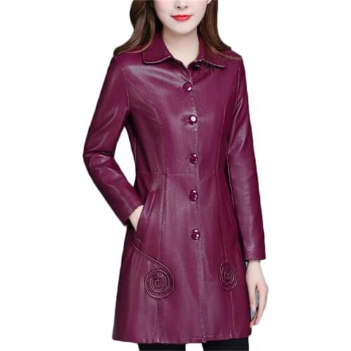 Leather Jacket Women Wine Red Long PU Faux Leather Coat 2019 New Autumn Winter Korean Slim Black XL-6XL Plus Size Clothing LR247