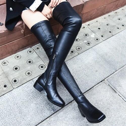 Women Over The Knee Boots Autumn Winter Warm Square Heels Shoes Woman square Toe Elegant Zipper High Boots
