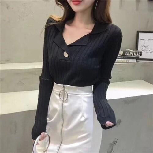 Turn down collar sweater pullover women basic jumper long sleeve solid elasticity sexy knitting top autumn winter