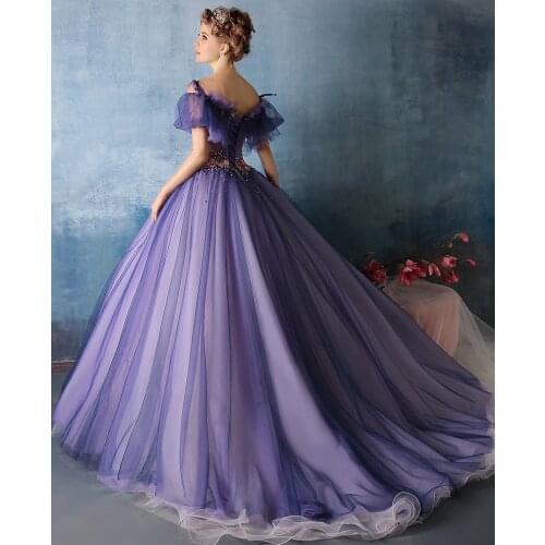 100%real purple flower beading waist ruffle Medieval Renaissance gown Sissi princess dress Victorian dress/Marie/ Belle Ball