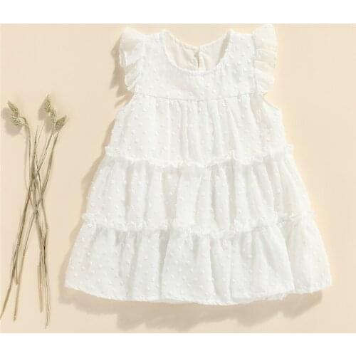 2021 2-7Y Sweet Kids Baby Girls Dress White Solid O Neck Lace Sleeveless Pleated Loose Dress For Summer