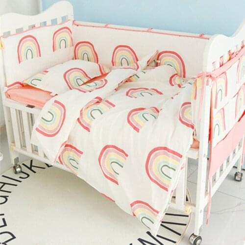 Baby Bedding Set Cotton Bumpers Rainbow Newborn Crib Duvet Cover Pillowcase Bed Flat Sheet Infant Baby Bed Set Bed Hanging Bag