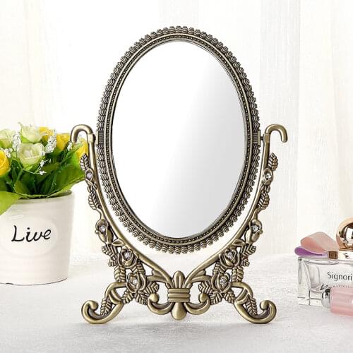 Double-face foldable retro silver alloy metal table makeup dresser desktop cosmetic decorative mirror embossed frame 338A