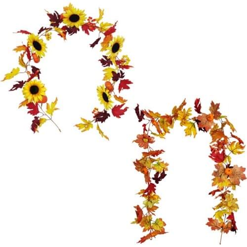 2 PCS Artificial Maple Leaf Sunflower Pumpkin Garland Hanging Vine Decoration Fall Wedding Party Thanksgiving Home Decor XB