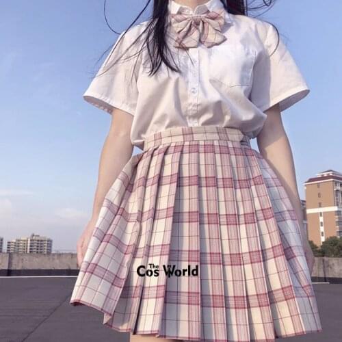 [Jujube Red White] Girls Womens Japanese Summer High Waist Pleated Plaid Skirts For JK School Uniform Students Cloths