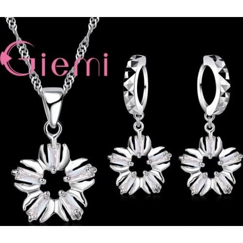 Vintage High Quality 925 Woman Necklace Earrings With Flower Shape Pendant Sterling Silver Jewelry Set For Wedding Party