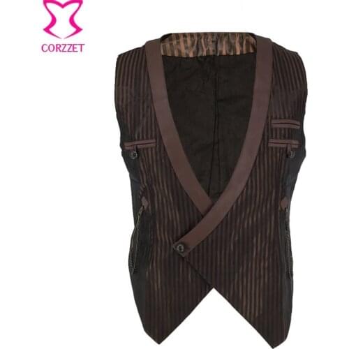 Brown Striped Satin Deep V Neck Sleeveless Vintage Steampunk Costume Men Cosplay Victorian Coat Medieval Jacket Gothic Vest Mens
