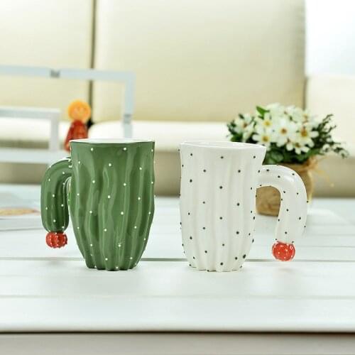 Tea Mug Coffee Cup Tumbler Ceramic Cup Plant Shape Caneca Cactus Coffee Cup Emboss Cartoon Drinks Mug Round Handle 420ml 1pcs