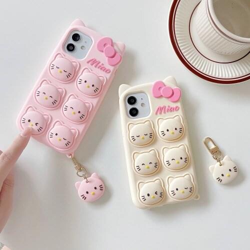 Cute Cartoon 3D Bow Stress Reliever Cat Pendant Phone Case for iphone 11 12 Pro MAX X XR SE 6 7 8 Plus Soft Silicone Cover Kids