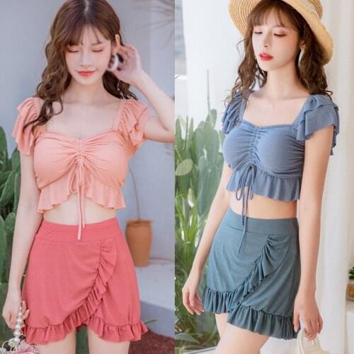 Fashion Korean Style Gathered Slim Split-Type Design Short Style Hot Spring Swimsuit Two-Piece Suit Set sport
