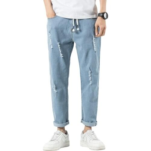 Men straight casual jeans spring/summer new fashion washed distressed hole jeans men drawstring ankle length pants denim pants