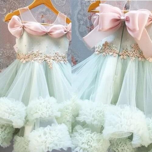 Mint Green Tiered Knee Length Flower Girls Dresses Vintage Party A Line Birthday Wears Sleeveless Baby Photoshot Gowns Handmade