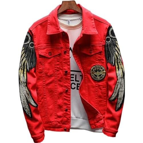 2020 New Mens Denim Jacket Fashion Wing Embroidery Slim Denim Jacket Coat Red Black Retro Casual Embroidered Denim Jacket Mens