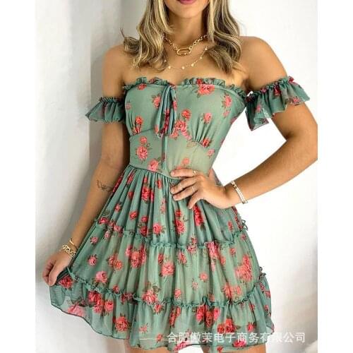 2021 Spring and Autumn New Round Neck Flying Sleeves Waist Printing Short Cake Dress Black Flower Printing Retro Skirt Women