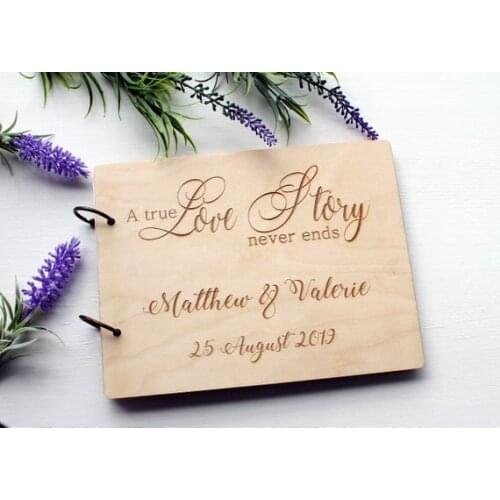 A True Love Story Never Ends,Quote Wooden Wedding Guest Book,Personalised Name&Date Guestbook,Rustic Custom Wedding Photo Album