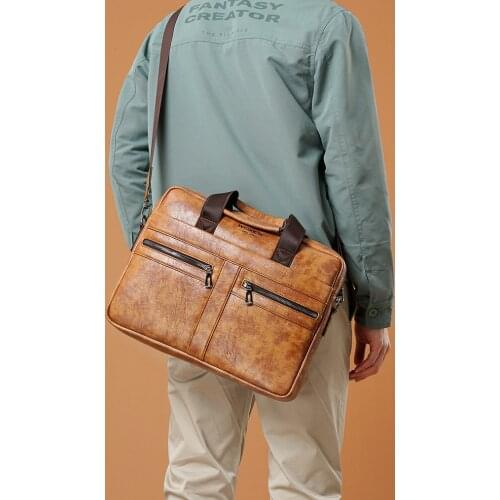 Weysfor vintage briefcase messenger bag mens genuine leather 14'' laptop bag mens briefcases office business tote for document