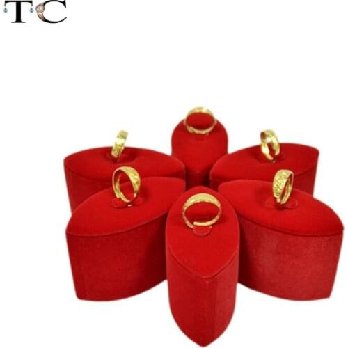 Superior Red Velvet Flower Style Rings Jewelry Display Stands Holder Portable 6pcs/lot Ring Organizer Show Case Rack