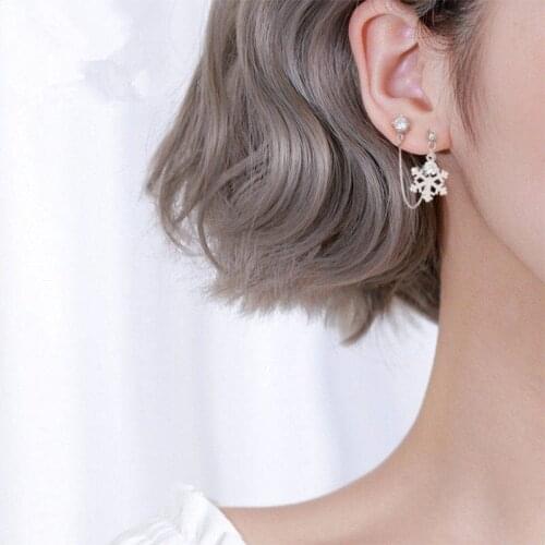 Romantic Lyrical Simple Style Snowflake Tassel Drop Earrings Crystal Two Ear Hole Double Piercing Dangle Earring Stud Accessory