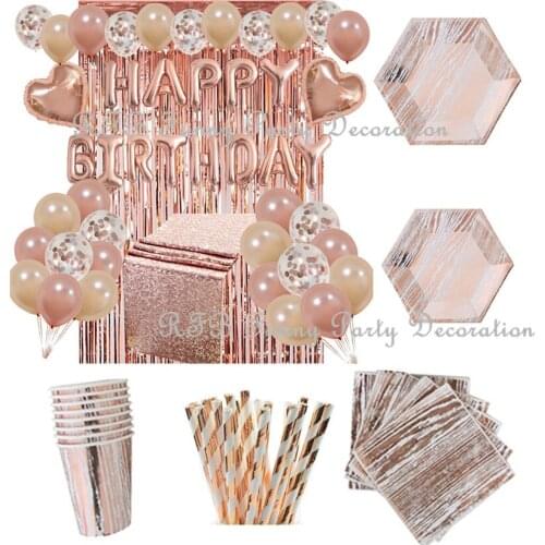 Rose Gold Party Decoration Tableware Runner Plate Cup Napkins Party Balloons for Wedding Birthday Bachelorette Party Baby Shower