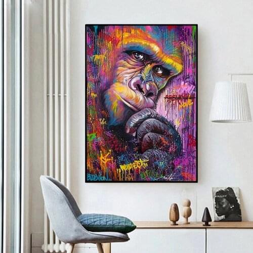 Graffiti Style Gorilla Colorful Chimpanzee Modern Art Painting Oil Painting Canvas Living Room Office Home Decoration
