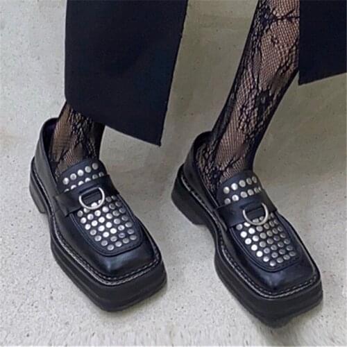 Rivets Studded Flat Shoes Woman Retro Leather Loafers Thick Sole Platform Creepers Square Toe Flats Espadrilles Dress Shoes