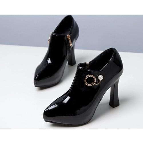 Shoes woman high heels Plus size 50 Pumps Patent leather sexy pointed toe zip ankle platform party wedding shoes T2185-2