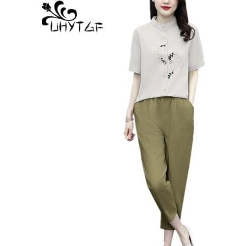 UHYTGF Cotton Linen Summer Two-Piece Set Women Fashion Embroidery Single-Breasted Tops Female Thin Tracksuit Plus Size Suit 1433