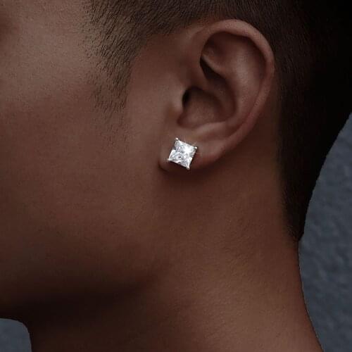 Hip Hop 925 Needle Earrings for Men 4-Claws Square AAA Zirconia Crystal Earrings Women Party Fashion Jewelry Earrings
