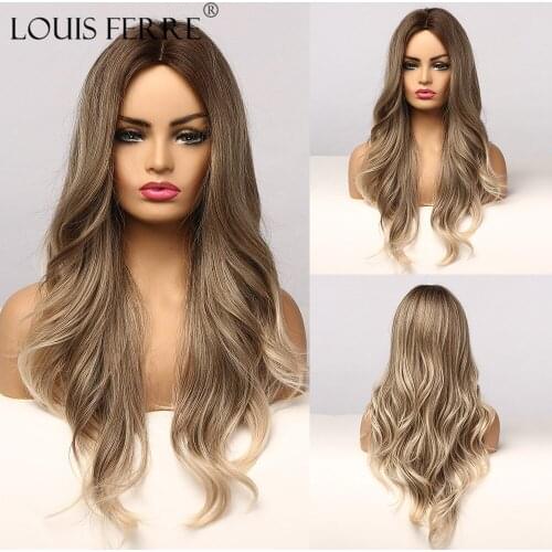 LOUIS FERRE Long Wave Brown Light Golden Ombre Wig Synthetyic Hair Wigs for Black/White Women Cospaly Daily Heat Resistant Fibre