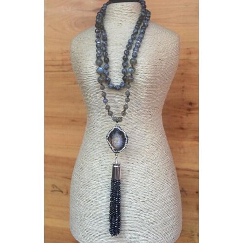 YA2260 Geode Agat Stone Pave Crystal Pendant Beads Tassel Bullet Snowflake Obisidan Knot Beads Handmade Necklace 30inch long